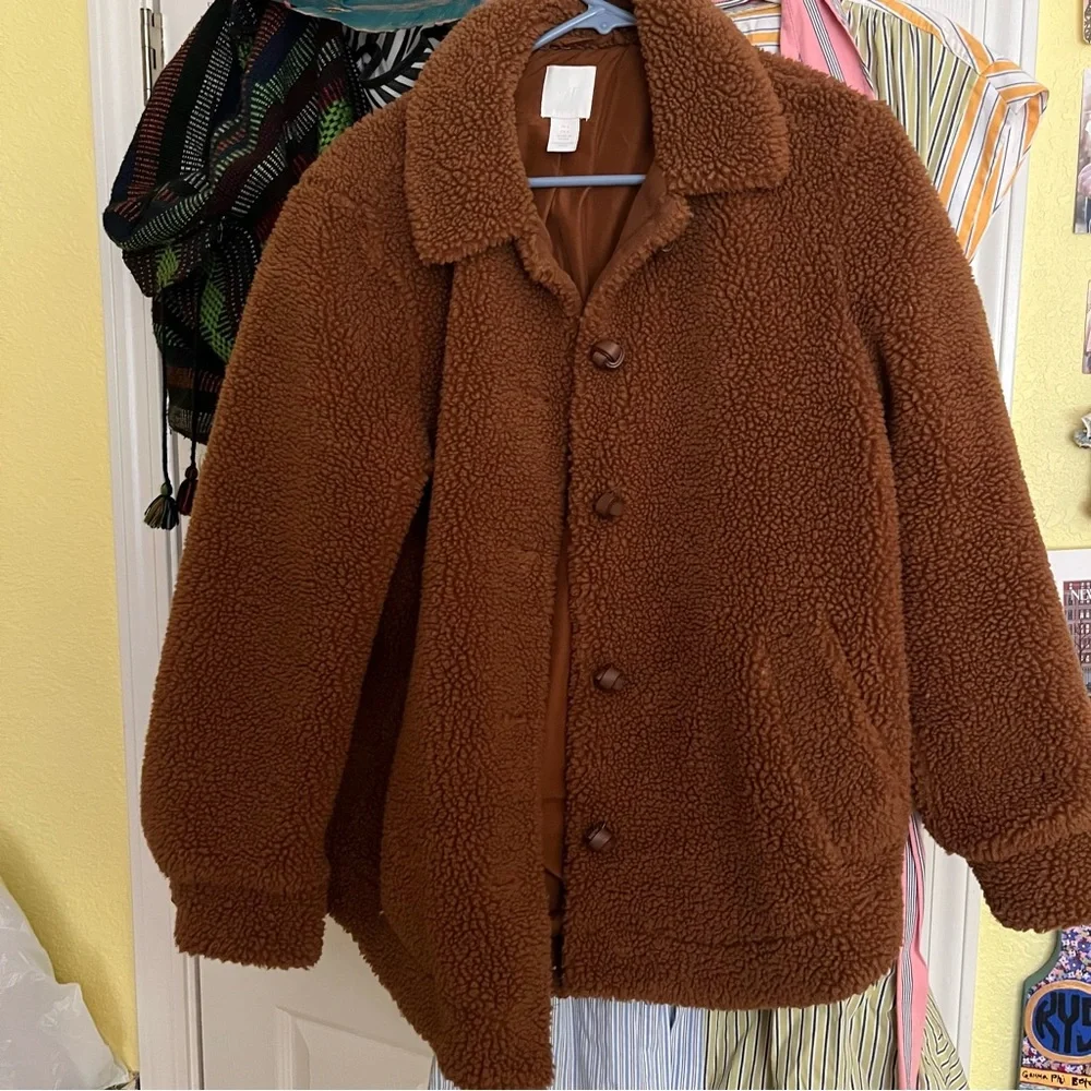 H&M Teddy Brown Oversized Sherpa Jacket - Picture 2 of 4